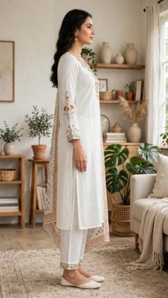 Regal White Rayon Slub Embroidered Top Bottom Set with Chanderi Dupatta at Wholesale Rate Embroidery Kurtis 
