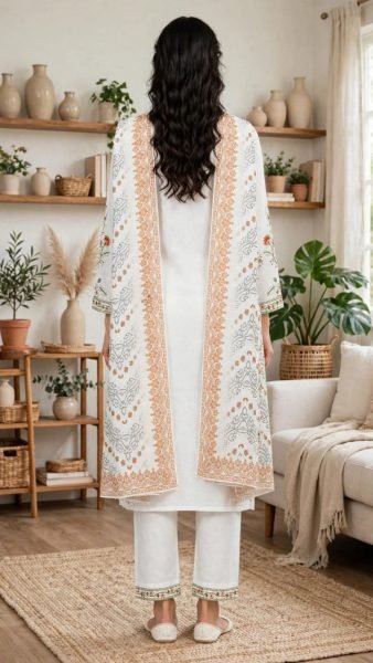 Regal White Rayon Slub Embroidered Top Bottom Set with Chanderi Dupatta at Wholesale Rate Embroidery Kurtis 