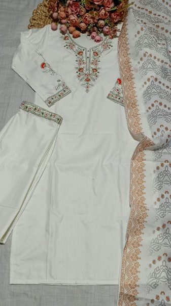 Regal White Rayon Slub Embroidered Top Bottom Set with Chanderi Dupatta at Wholesale Rate Embroidery Kurtis 