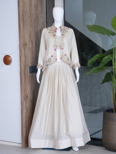 Regal White Ready to Wear Zazu Silk Lehenga with Embroidered Jacket And Blouse Designer Lehenga Choli