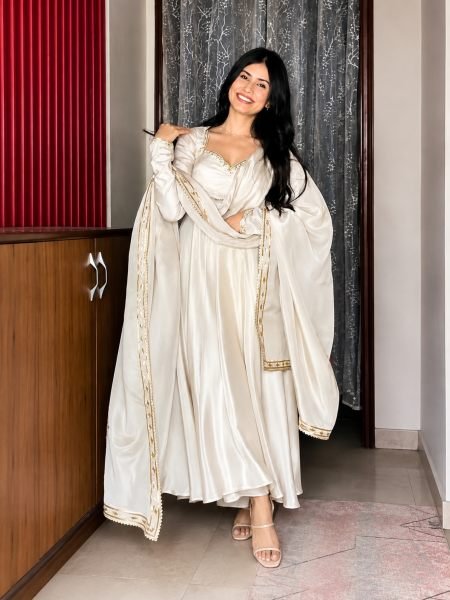 Regal White Upada Silk Long Gown with Matching Pant and Embroidered Dupatta For Diwali Festival Ready To Wear Suit