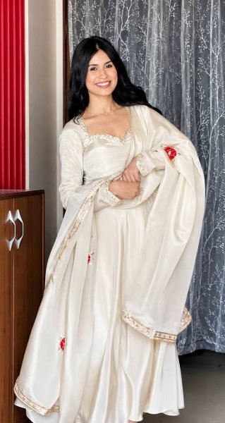 Regal White Upada Silk Long Gown with Matching Pant and Embroidered Dupatta For Diwali Festival Ready To Wear Collection
