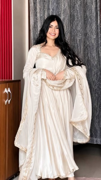 Regal White Upada Silk Long Gown with Matching Pant and Embroidered Dupatta For Diwali Festival Ready To Wear Collection
