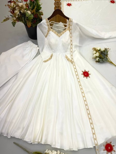 Regal White Upada Silk Long Gown with Matching Pant and Embroidered Dupatta For Diwali Festival Ready To Wear Collection
