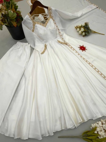 Regal White Upada Silk Long Gown with Matching Pant and Embroidered Dupatta For Diwali Festival Ready To Wear Collection