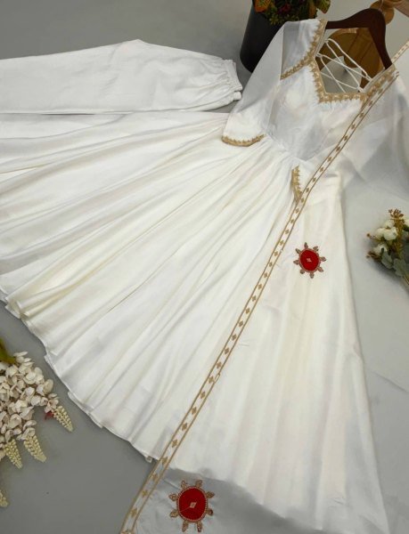 Regal White Upada Silk Long Gown with Matching Pant and Embroidered Dupatta For Diwali Festival Ready To Wear Collection