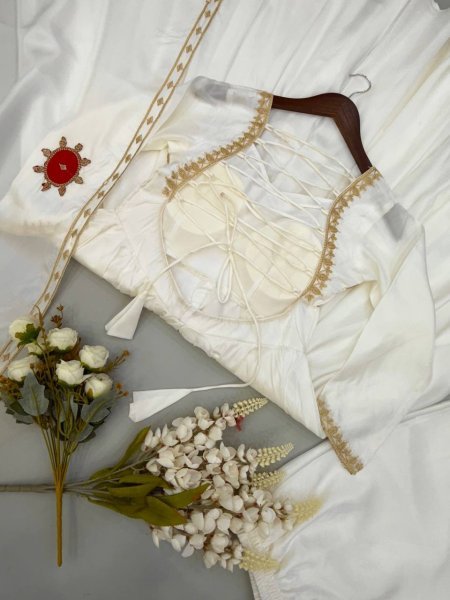 Regal White Upada Silk Long Gown with Matching Pant and Embroidered Dupatta For Diwali Festival Ready To Wear Collection