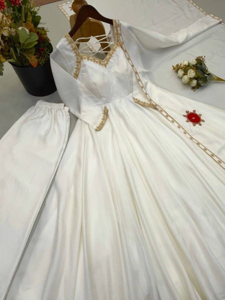 Regal White Upada Silk Long Gown with Matching Pant and Embroidered Dupatta For Diwali Festival Ready To Wear Collection