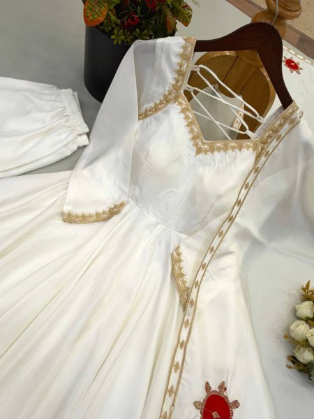 Regal White Upada Silk Long Gown with Matching Pant and Embroidered Dupatta For Diwali Festival Ready To Wear Collection