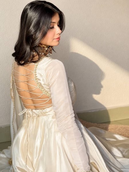 Regal White Upada Silk Long Gown with Matching Pant and Embroidered Dupatta For Diwali Festival Ready To Wear Collection