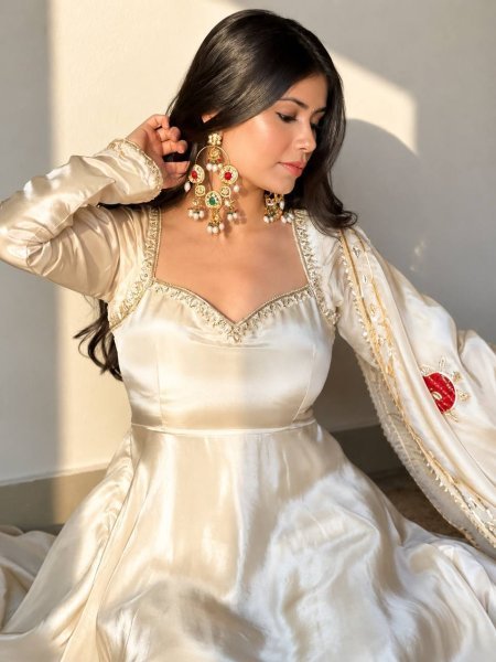 Regal White Upada Silk Long Gown with Matching Pant and Embroidered Dupatta For Diwali Festival Ready To Wear Collection