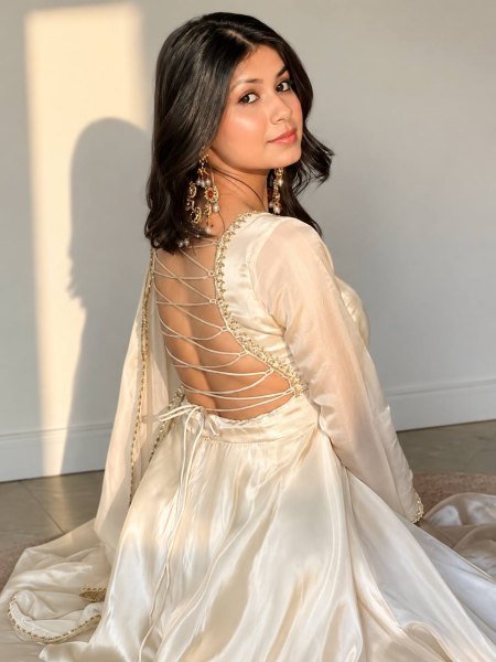 Regal White Upada Silk Long Gown with Matching Pant and Embroidered Dupatta For Diwali Festival Ready To Wear Collection