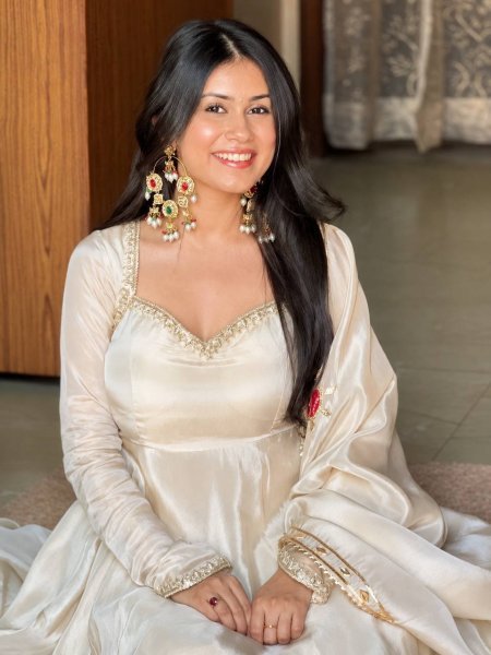 Regal White Upada Silk Long Gown with Matching Pant and Embroidered Dupatta For Diwali Festival Ready To Wear Collection