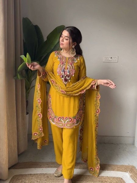 Regal Yellow Heavy Georgette Farshi Suit Set with Embroidery Thread Work Ready To Wear Suit