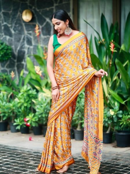 Regal Yellow Latest Chinon Silk Saree with Real Mirror Work and Printed Pallu at Wholesale Sarees 