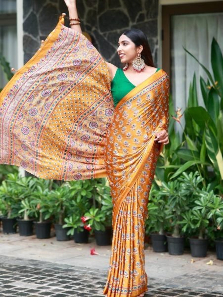 Regal Yellow Latest Chinon Silk Saree with Real Mirror Work and Printed Pallu at Wholesale Silk Sarees Wholesale