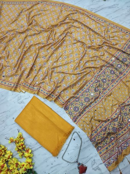 Regal Yellow Latest Chinon Silk Saree with Real Mirror Work and Printed Pallu at Wholesale Silk Sarees Wholesale