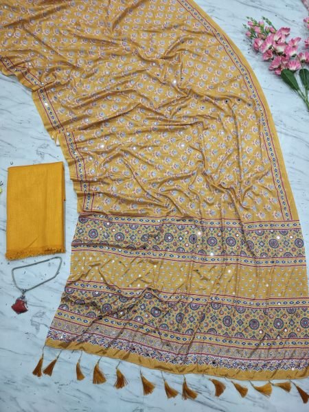 Regal Yellow Latest Chinon Silk Saree with Real Mirror Work and Printed Pallu at Wholesale Silk Sarees Wholesale