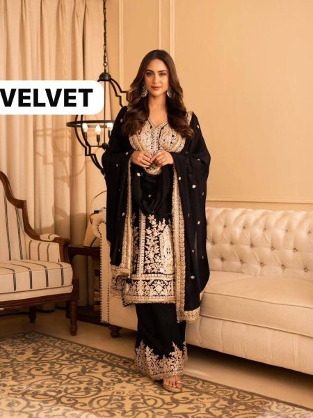 Relaxed Velvet Plazzo Set Embroidery Sequins Work   Fancy Dupatta Perfect for Winter Party Wear  