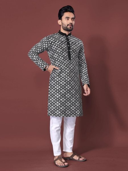 Remarkable Black Party Wear Soft Silk Kurta with White Thread and Multi Sequins Embroidery Kurta Pajama Wholesale