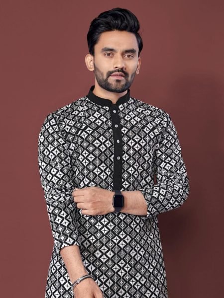 Remarkable Black Party Wear Soft Silk Kurta with White Thread and Multi Sequins Embroidery Kurta Pajama Wholesale
