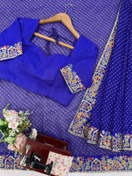 Remarkable Blue Bandhani Saree with Heavy Blouse for Party Wear at Best Price Silk Sarees Wholesale