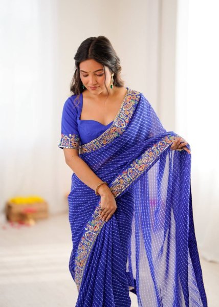 Remarkable Blue Bandhani Saree with Heavy Blouse for Party Wear at Best Price Silk Sarees Wholesale