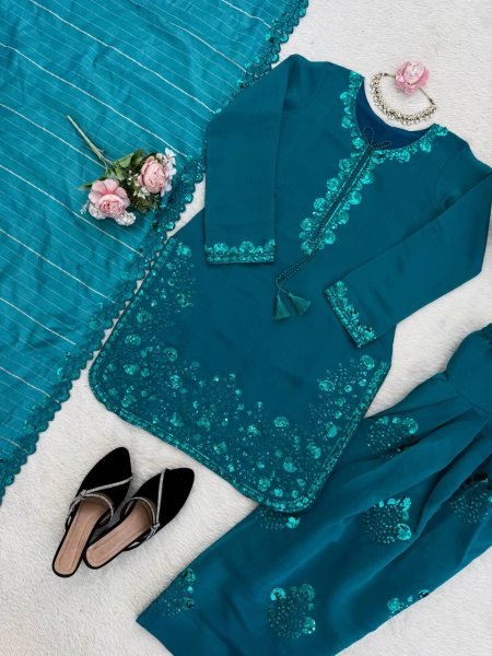 Remarkable Blue Farshi Plazo Set with Thread Work for Wedding Wear Ready To Wear Collection