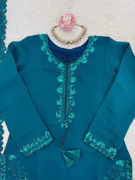 Remarkable Blue Farshi Plazo Set with Thread Work for Wedding Wear Ready To Wear Collection