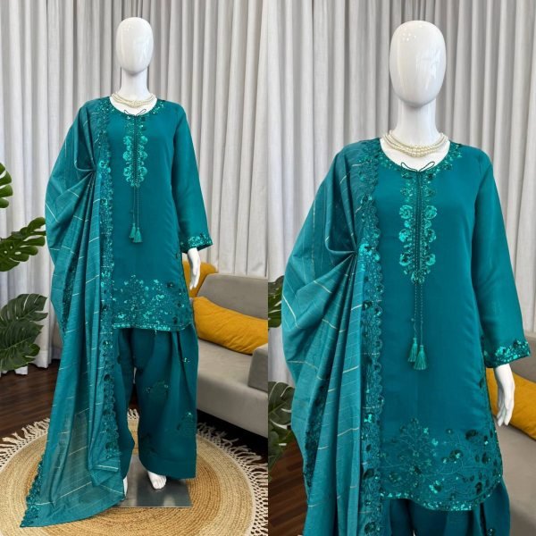 Remarkable Blue Farshi Plazo Set with Thread Work for Wedding Wear Ready To Wear Collection