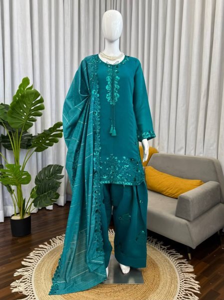 Remarkable Blue Farshi Plazo Set with Thread Work for Wedding Wear Ready To Wear Collection