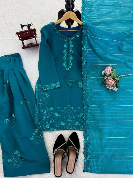 Remarkable Blue Farshi Plazo Set with Thread Work for Wedding Wear Ready To Wear Collection