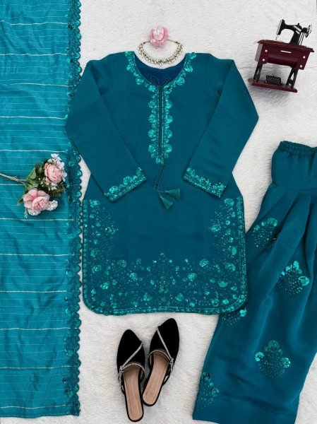 Remarkable Blue Farshi Plazo Set with Thread Work for Wedding Wear Ready To Wear Collection