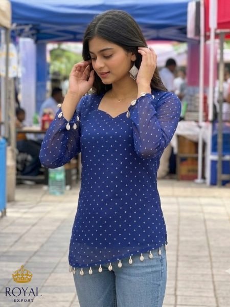 Remarkable Blue Premium Georgette Kurti with Traditional Digital Cross Print Tunics kurti