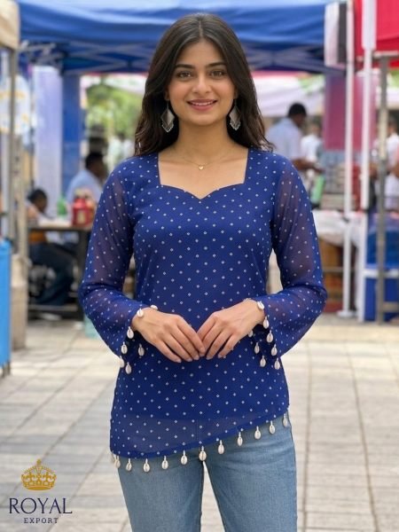 Remarkable Blue Premium Georgette Kurti with Traditional Digital Cross Print Tunics kurti
