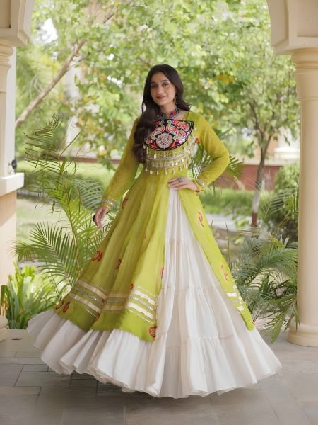 Remarkable Cream Navratri Kora Cotton Lehenga with Parrot Green Bandhani Kurti  Lehenga