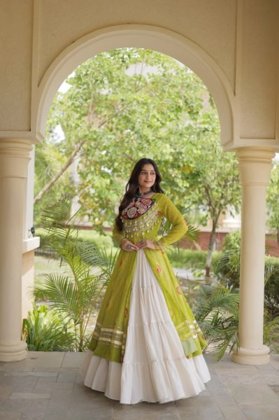 Remarkable Cream Navratri Kora Cotton Lehenga with Parrot Green Bandhani Kurti Navratri Lehnega Choli