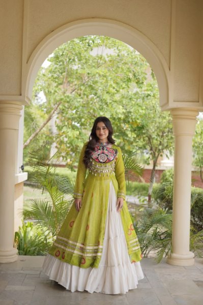 Remarkable Cream Navratri Kora Cotton Lehenga with Parrot Green Bandhani Kurti Navratri Lehnega Choli