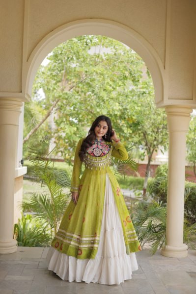 Remarkable Cream Navratri Kora Cotton Lehenga with Parrot Green Bandhani Kurti Navratri Lehnega Choli