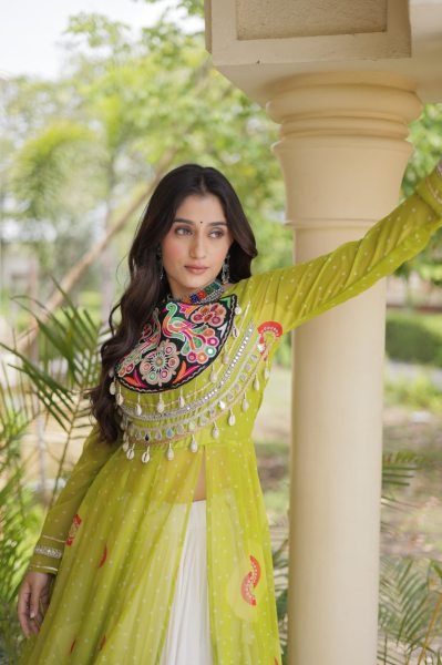 Remarkable Cream Navratri Kora Cotton Lehenga with Parrot Green Bandhani Kurti Navratri Lehnega Choli