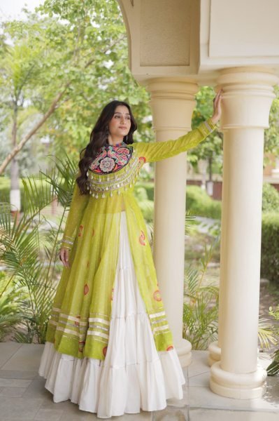 Remarkable Cream Navratri Kora Cotton Lehenga with Parrot Green Bandhani Kurti Navratri Lehnega Choli