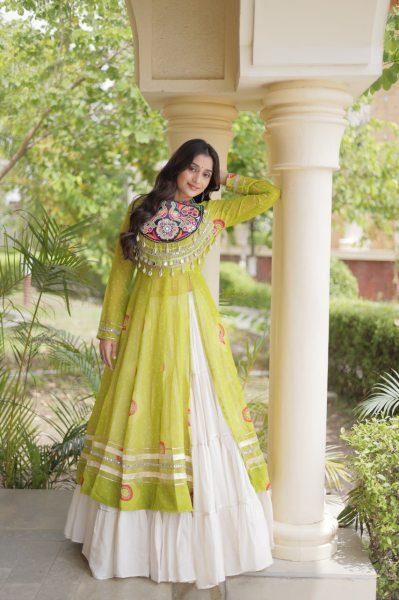 Remarkable Cream Navratri Kora Cotton Lehenga with Parrot Green Bandhani Kurti Navratri Lehnega Choli