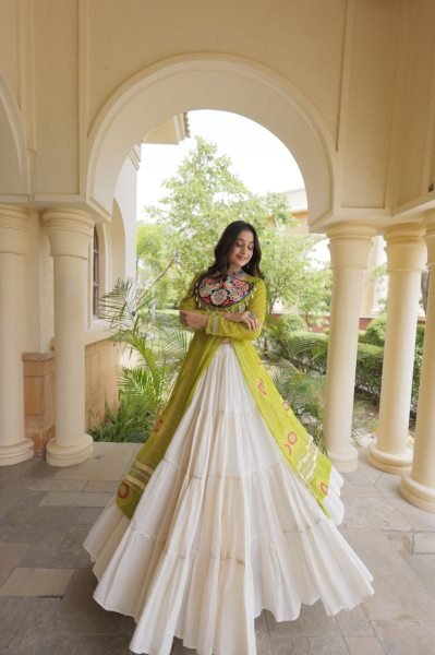 Remarkable Cream Navratri Kora Cotton Lehenga with Parrot Green Bandhani Kurti Navratri Lehnega Choli