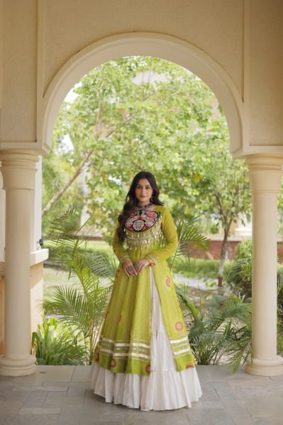 Remarkable Cream Navratri Kora Cotton Lehenga with Parrot Green Bandhani Kurti Navratri Lehnega Choli