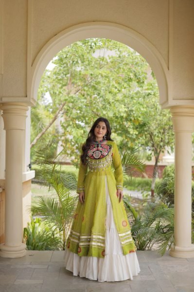 Remarkable Cream Navratri Kora Cotton Lehenga with Parrot Green Bandhani Kurti Navratri Lehnega Choli