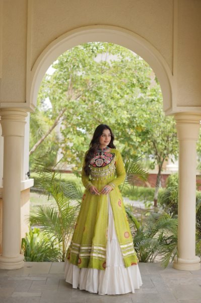 Remarkable Cream Navratri Kora Cotton Lehenga with Parrot Green Bandhani Kurti Navratri Lehnega Choli