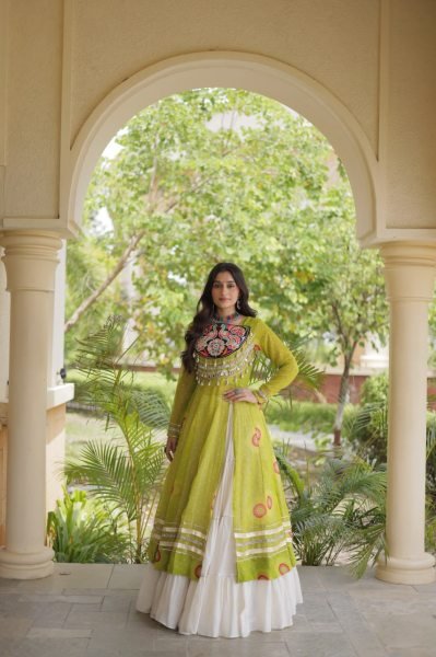 Remarkable Cream Navratri Kora Cotton Lehenga with Parrot Green Bandhani Kurti Navratri Lehnega Choli