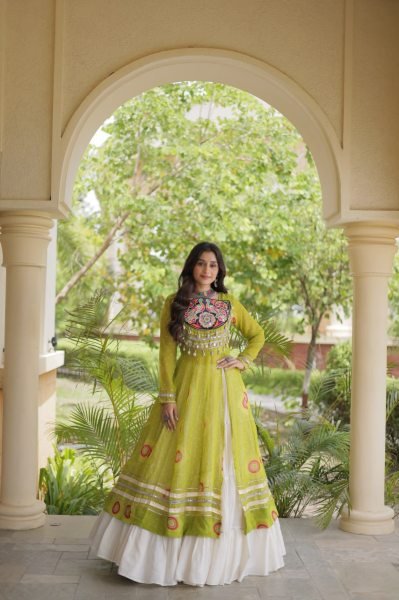 Remarkable Cream Navratri Kora Cotton Lehenga with Parrot Green Bandhani Kurti Navratri Lehnega Choli