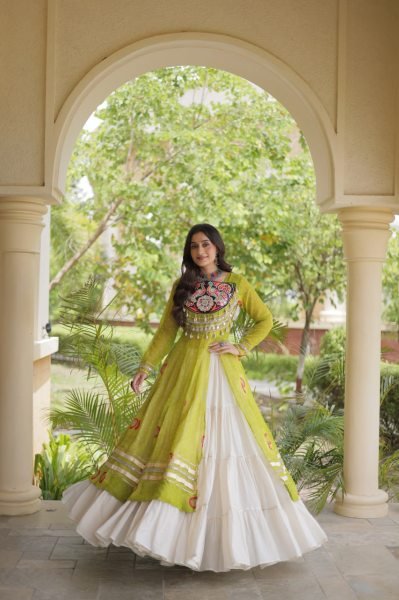 Remarkable Cream Navratri Kora Cotton Lehenga with Parrot Green Bandhani Kurti Navratri Lehnega Choli