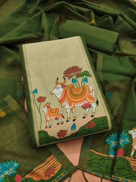 Remarkable Green Muga Cotton Dress Material Set at Wholesale Rate for Women Color Set Matching Dress Material Wholesale